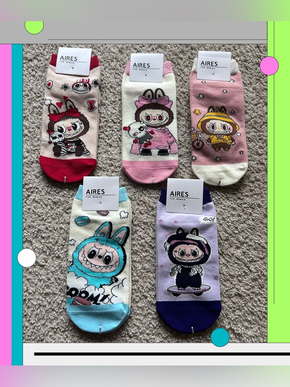 NWT Assorted Labubu Print Cotton Blend Ankle Socks 5 Pairs One Size Kidcore Cute